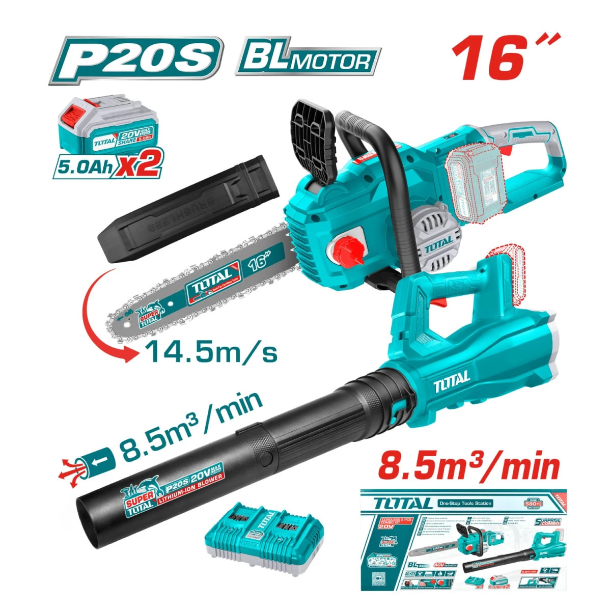 Combo motosierra 16" + sopladora + 2 baterías 5ah total SKU: TOSLI240463