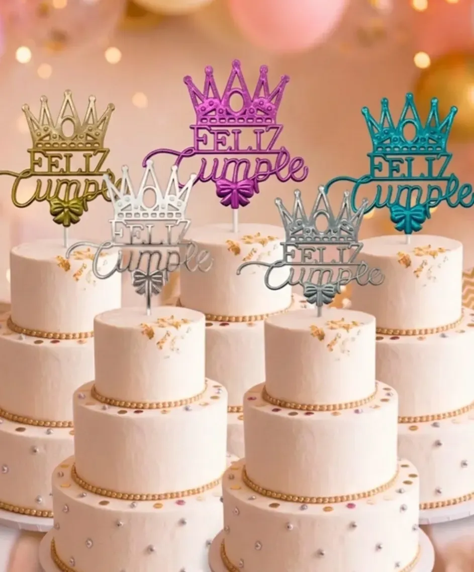 Cake Topper metalizado Feliz Cumple corona y moño
