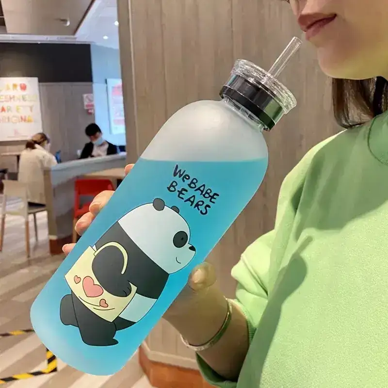 Linda taza de oso Panda, botellas de aqua de 1000ml con/sin pajita, botella de agua de dibujos animados, vasos esmerilados, coctelera de proteínas a prueba de fugas