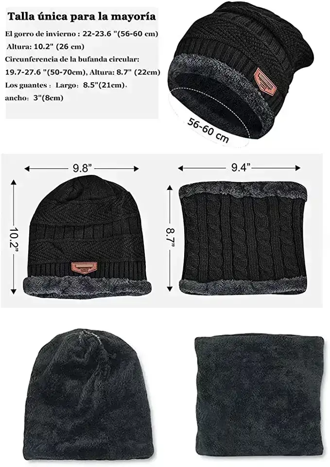 Gorro Invierno Bufanda y Guantes Tactiles,Gorros con Tejido de Punto y Bufandas con Forro de Lana para Hombres y Mujeres,Set de bufanda, Gorro y Guantes para  Esquiar 4