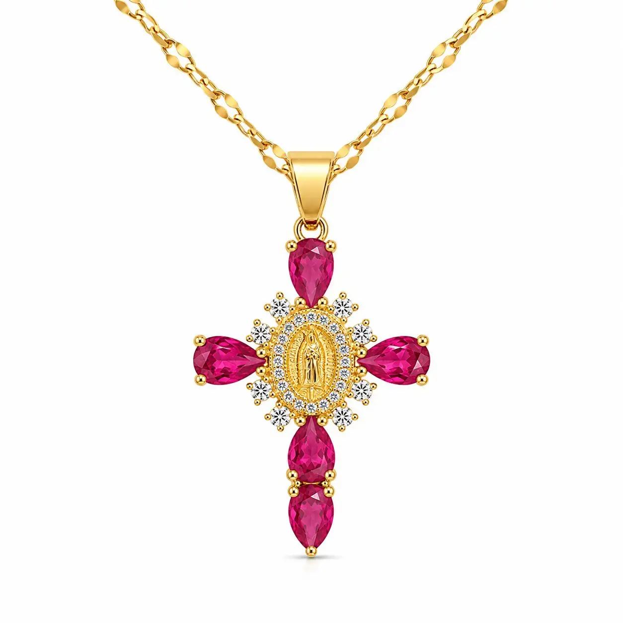 Cadena Y Dije En Acero Con Piedra Circon De Cruz Virgen De Guadalupe Fucsia Rojizo
