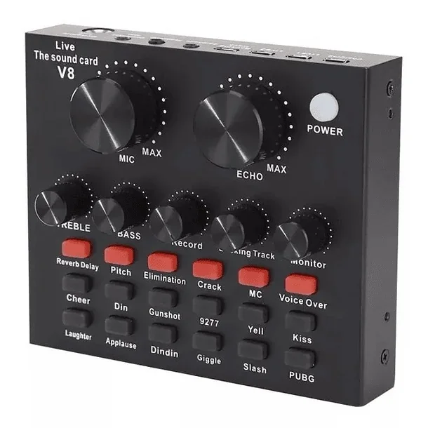Interface tarjeta consola de sonido V8 podcast  PEDIDOS: 69442828 CONSOLA V8 Audio Externo USB Auricular para Micrófono Transmisión en vivo Tarjeta de sonido para teléfono móvil Computadora PC Característica: 1. 112 tipos de sonido eléctrico, 18 tipos de efectos de sonido, 6 tipos de modos de efectos. 2. Ajuste de tamaño de reverberación, ajuste de volumen del micrófono, ajuste de graves altos, control de volumen de grabación, control de volumen de música, control de volumen de monitoreo (función de auricular). 3. Admite el uso de la computadora del teléfono móvil, admite el uso de un solo auricular. 4. 7 tipos de métodos de conexión: un teléfono celular K canción en vivo, doble teléfono celular en vivo, tres teléfonos móviles en vivo, teléfono móvil computadora en vivo sincrónico, una computadora en vivo, acompañamiento de computadora teléfono celular en vivo, entrada de instrumento teléfono celular en vivo.  5. Función de Bluetooth.  Especificación: Batería: batería recargable de iones de litio Material: metal De color negro Tamaño del producto: 125x105x25 mm / 4.92x4.13x0.98 '' Peso: 467g  Nota: Puede haber una diferencia de 1 a 3 mm debido a la medición manual. Debido a las diferentes pantallas y luces, es posible que la imagen no muestre el color real del artículo. Gracias por su comprensión.  Paquete incluido:  1 x tarjeta de sonido 2 x cables de audio 1 x cable USB 1 x manual de usuario en inglés