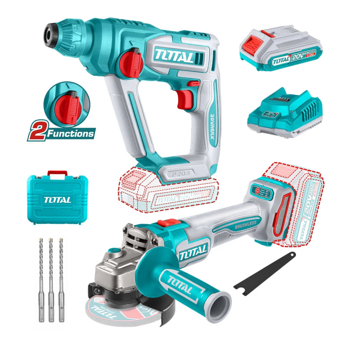 TRHLI201681-TAGLI21154 Rotormartillo sds 20v con bateria y cargador + amoladora angular 4 ½" inalámbrica total 