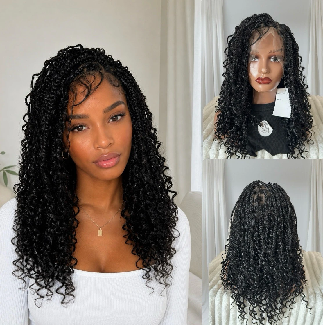 Peluca semi trenzas bohemias disponibles en 14” y 22, frontal 360