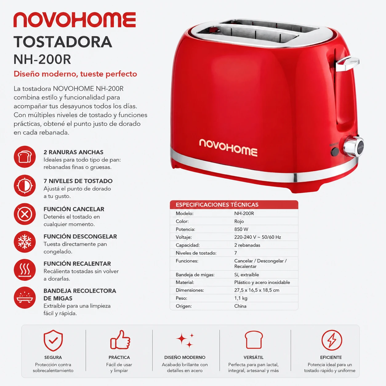 TOSTADORA 2 PANES NOVOHOME ROJA