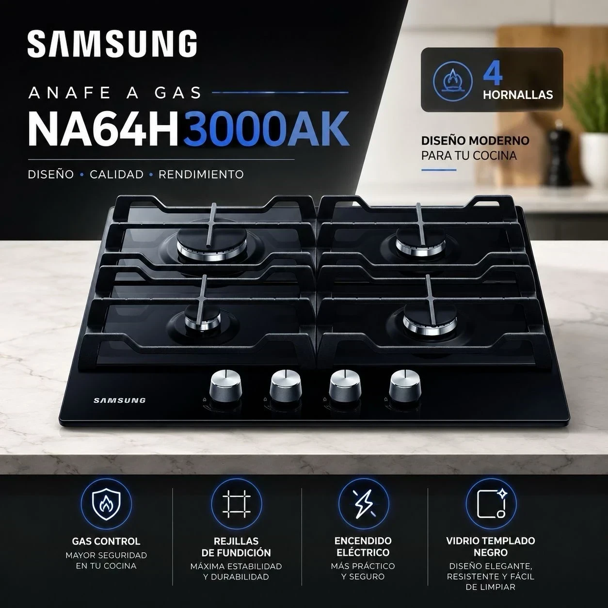 Anafe a gas SAMSUNG 60cm Gas NEGRO VIDRIO NA64H3000AK