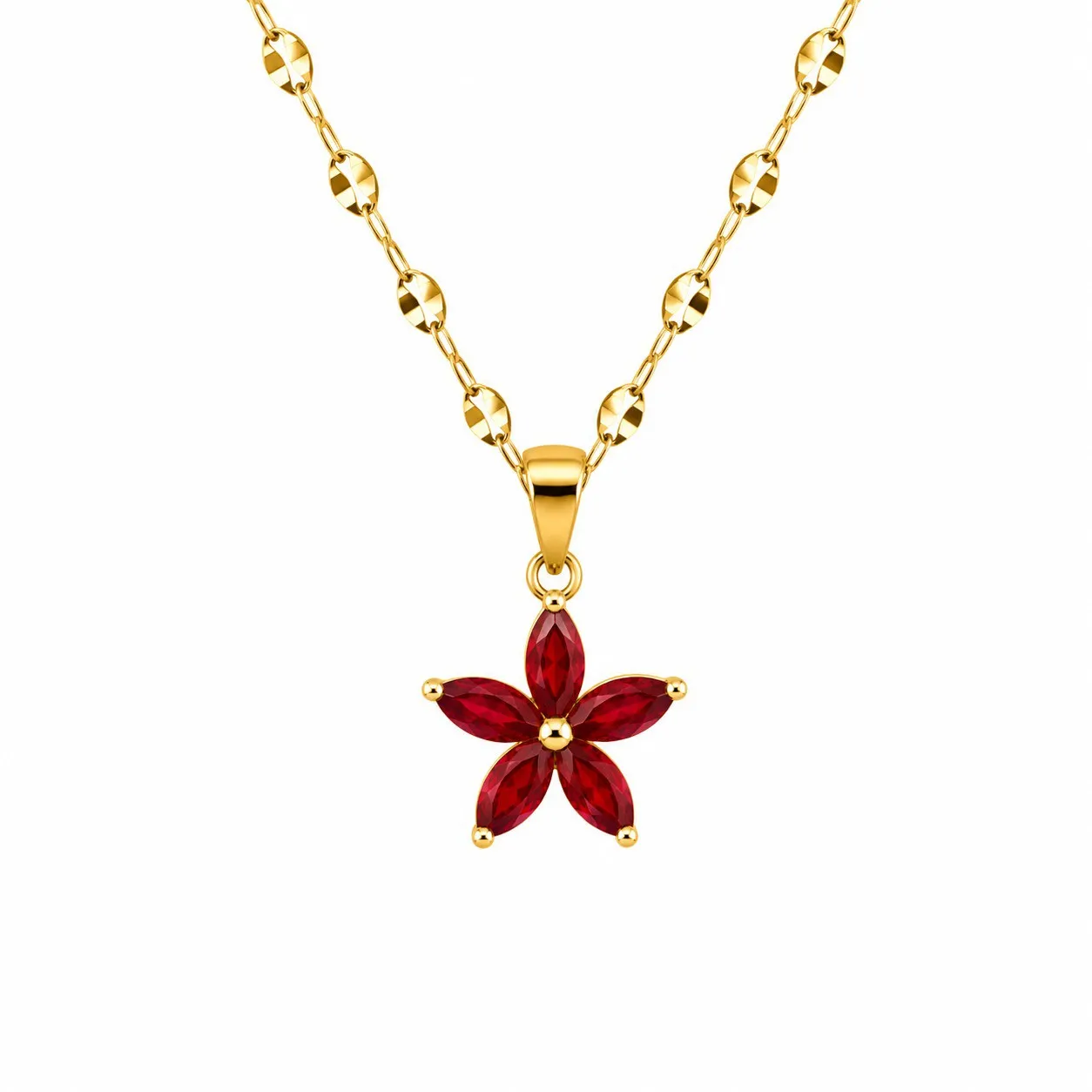 Cadena Y Dije En Acero Con Piedra Circon De Flor Pequeña Roja