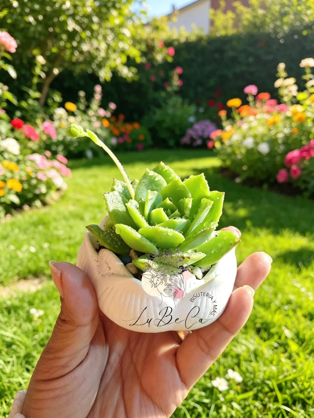 Flor de loto de yeso con suculenta viva