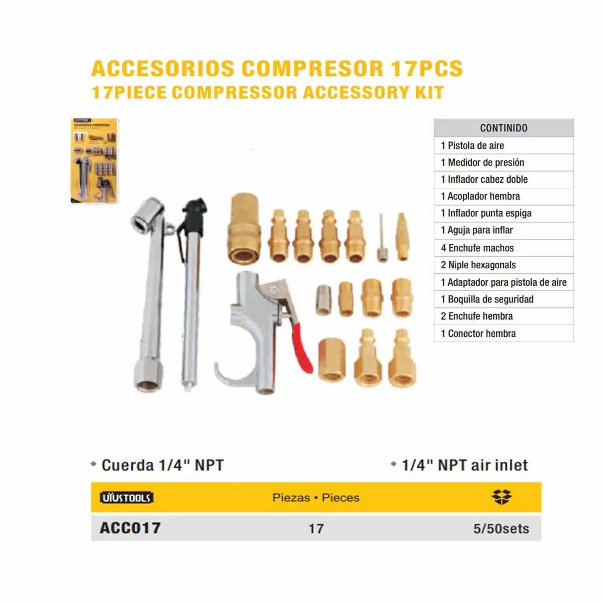 SET DE ACOPLES PARA COMPRESORA UYUST 17 PZS (Completo)