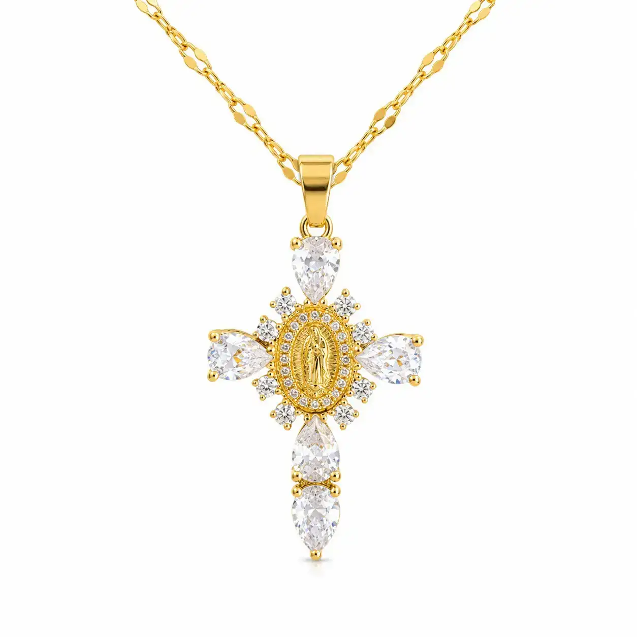 Cadena Y Dije En Acero Con Piedra Circon De Cruz Virgen De Guadalupe Blanca