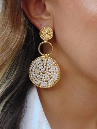 ARETES BAÑO DE ORO 24K LARGO 3 TIEMPOS  GRANDES MURANO CREMA