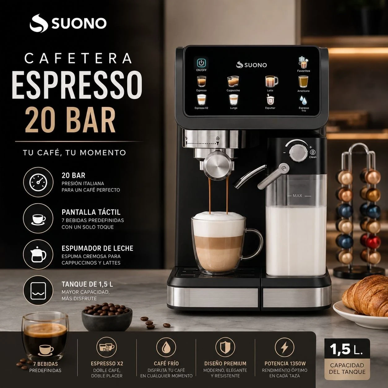 Cafetera Espresso Automática Suono 1.5L 20 Bar