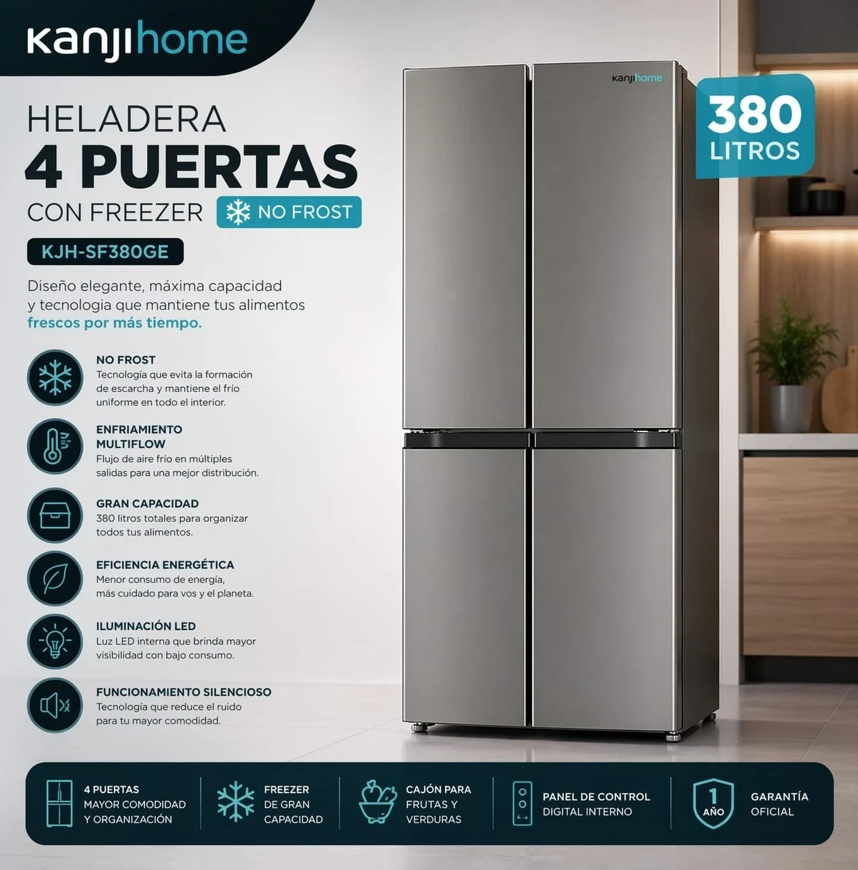 HELADERA KANJI SIDE BY SIDE 4 PUERTAS 380 LTS