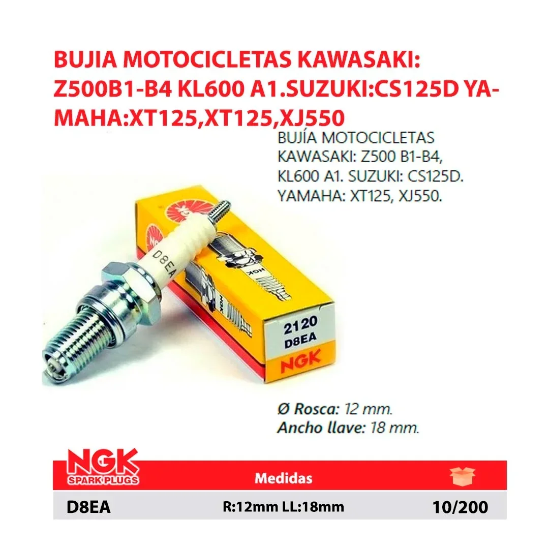 BUJIA MOTOCICLETAS KAWASAKI: Z500B1-B4 KL600 A1.SUZUKI:CS125D YAMAHA:XT125,XT125,XJ550 R:12mm LL:18mm