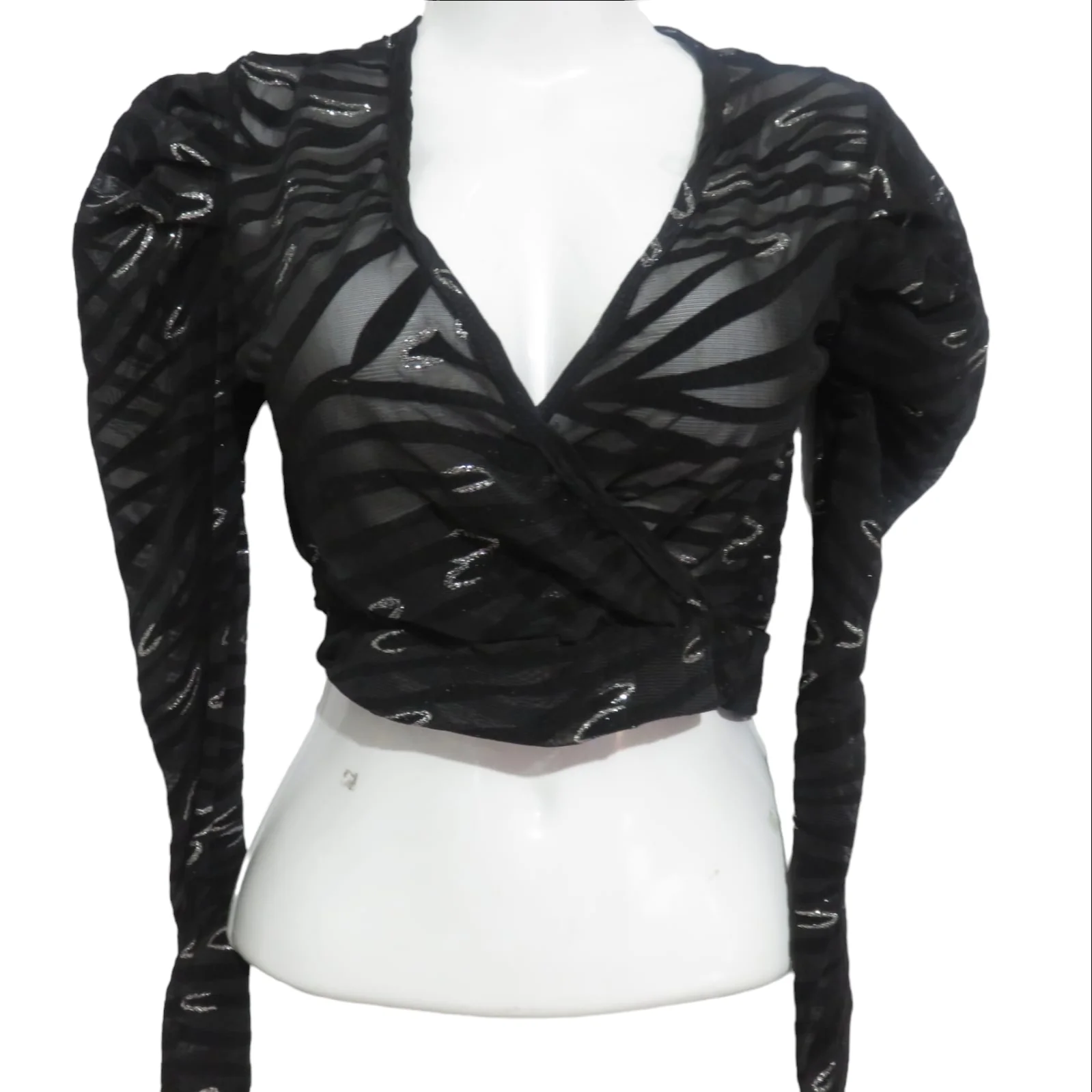 Top transparente negro de cebra cruzado