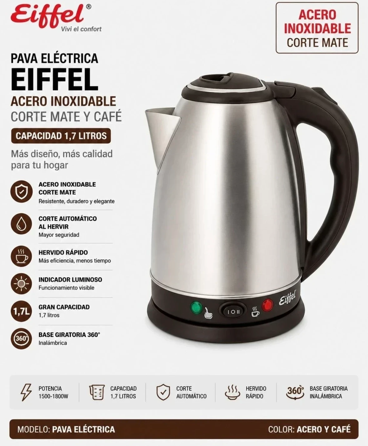 *PAVA EIFFEL ACERO INOXIDABLE C/CORTE MATE Y CAFÉ 2lts