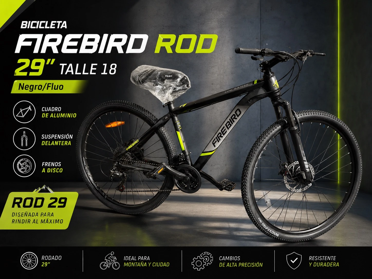 BICICLETA FIREBIRD ROD 29 TALLE 18 NEGRO/FLUO