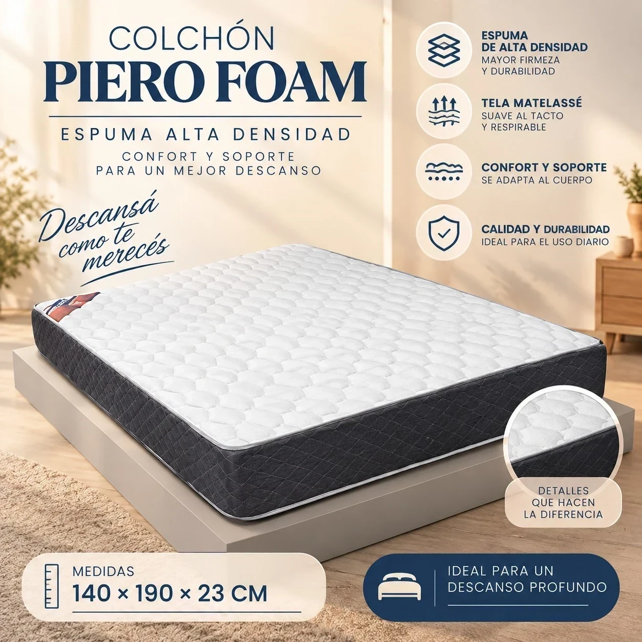  COLCHÓN PIERO FOAM — DOS PLAZAS ESPUMA DE ALTA DENSIDAD | 140 × 190 × 23 CM  CONSULTAR DISPONIBILIDAD CON EL VENDEDOR 