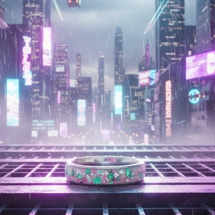 Anillo Cyberpunk de Esmeraldas con Escamas de Mica Rosa  2