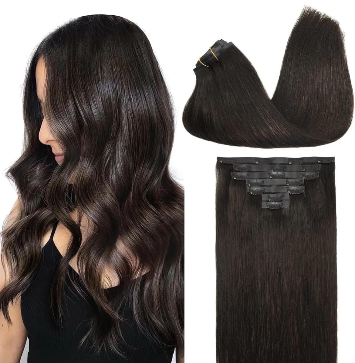 Extensiones de cabello humano real con pinzas, extensiones de cabello humano Remy para mujer, cabello humano natural, 16 pulgadas, 120 gramos,7 unidades, 2 marrón oscuro