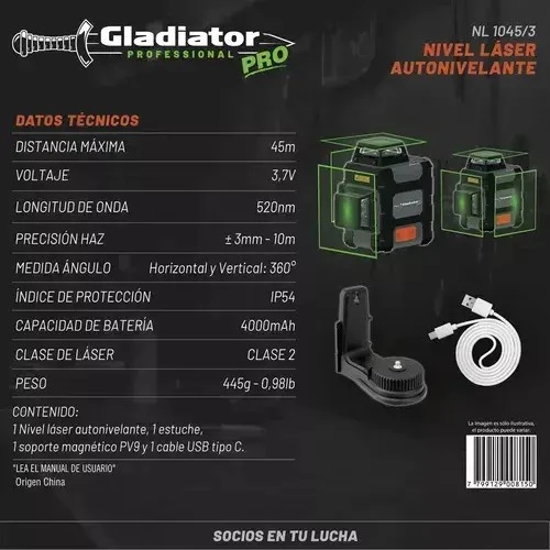 NIVEL LÁSER VERDE AUTONIVELANTE  360° 45M GLADIADOR Nl1045/3. ‼️RETIRO INMEDIATO ‼️ 2