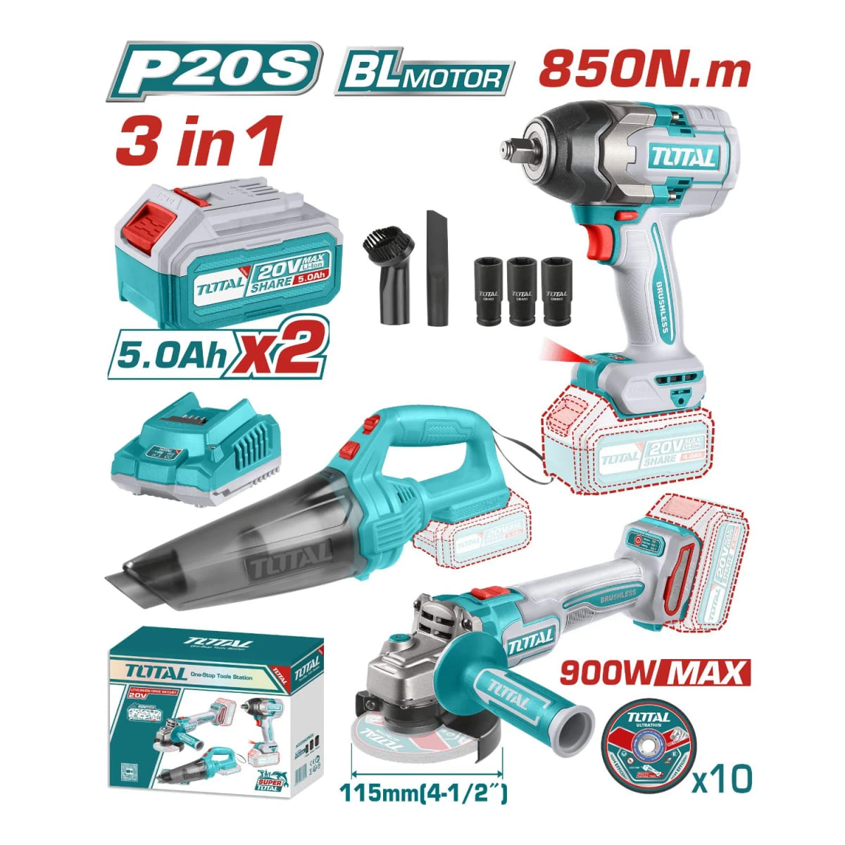 TOSLI240789 Combo llave de impacto 850nm + aspiradora + amoladora industrial total 