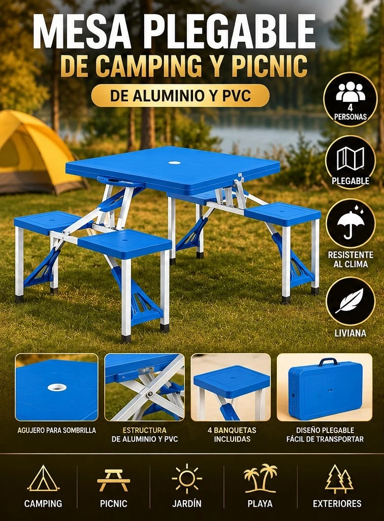 MESA PLEGABLE DE CAMPING CON 4 BANQUETAS