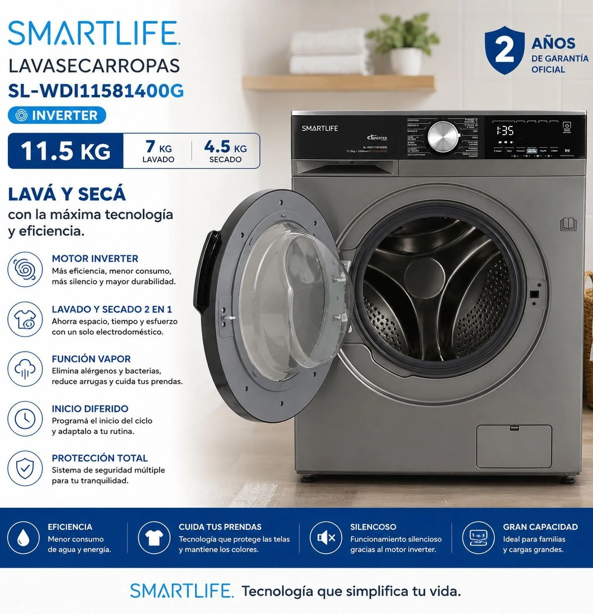 Lavasecarropas SL-WDI11581400G Inverter 11.5KG Gris*