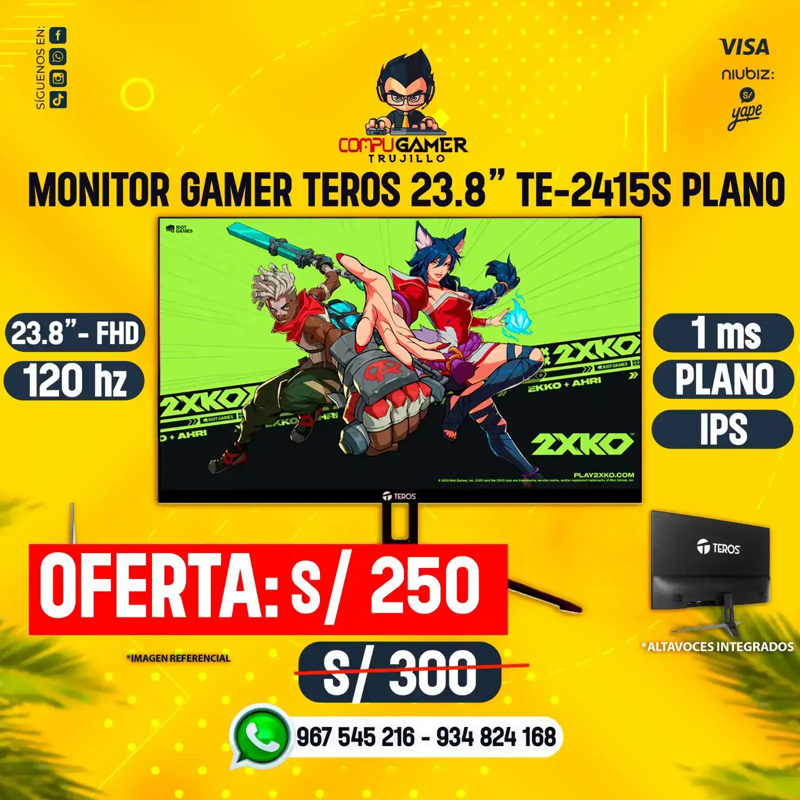MONITOR TEROS TE-2415S 24", FHD, IPS, 120HZ, 1MS, PLANO