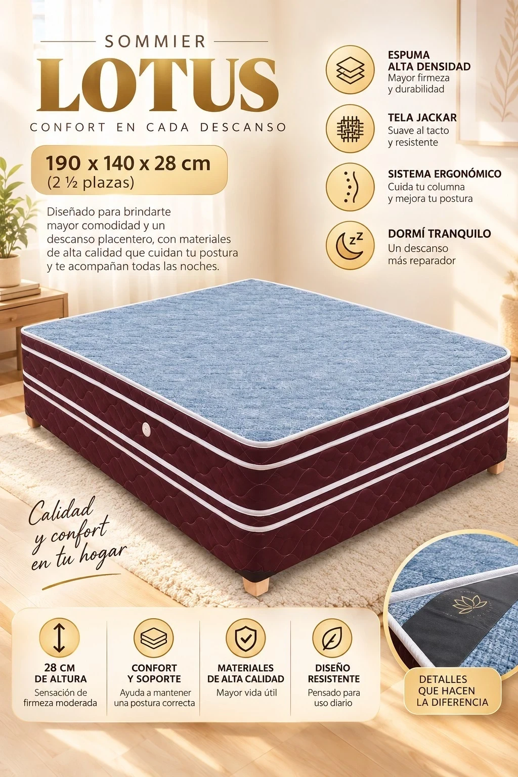 SOMMIER LOTUS DOBLE PILLOW — DOS PLAZAS Y MEDIA 190 × 140 × 28 CM  CONSULTAR DISPONIBILIDAD CON EL VENDEDOR 