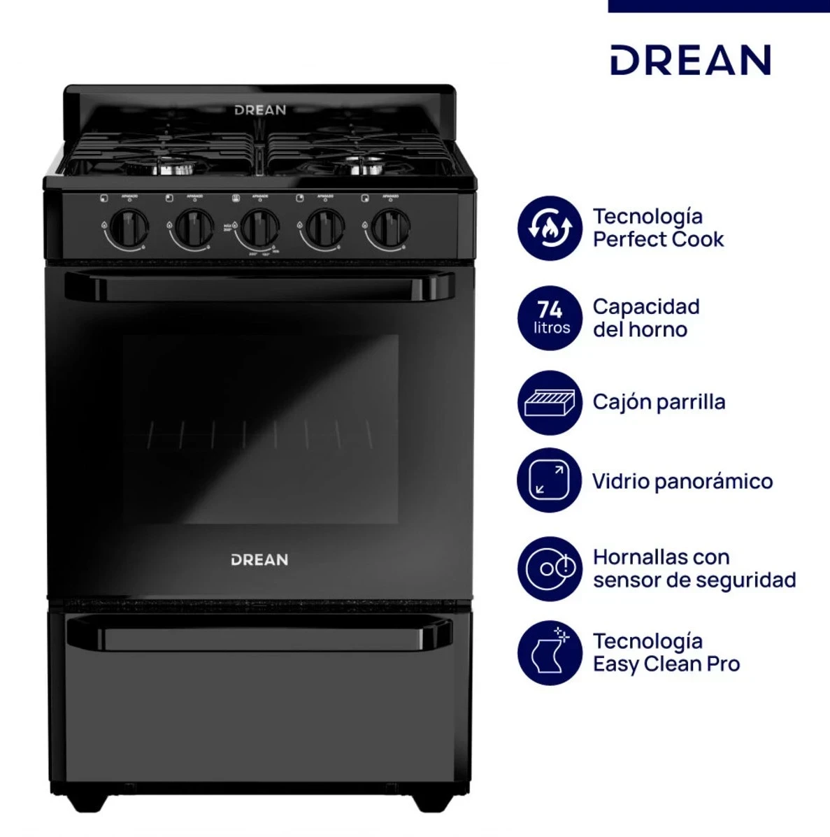 Cocina Multigas 56 cm Negra Drean