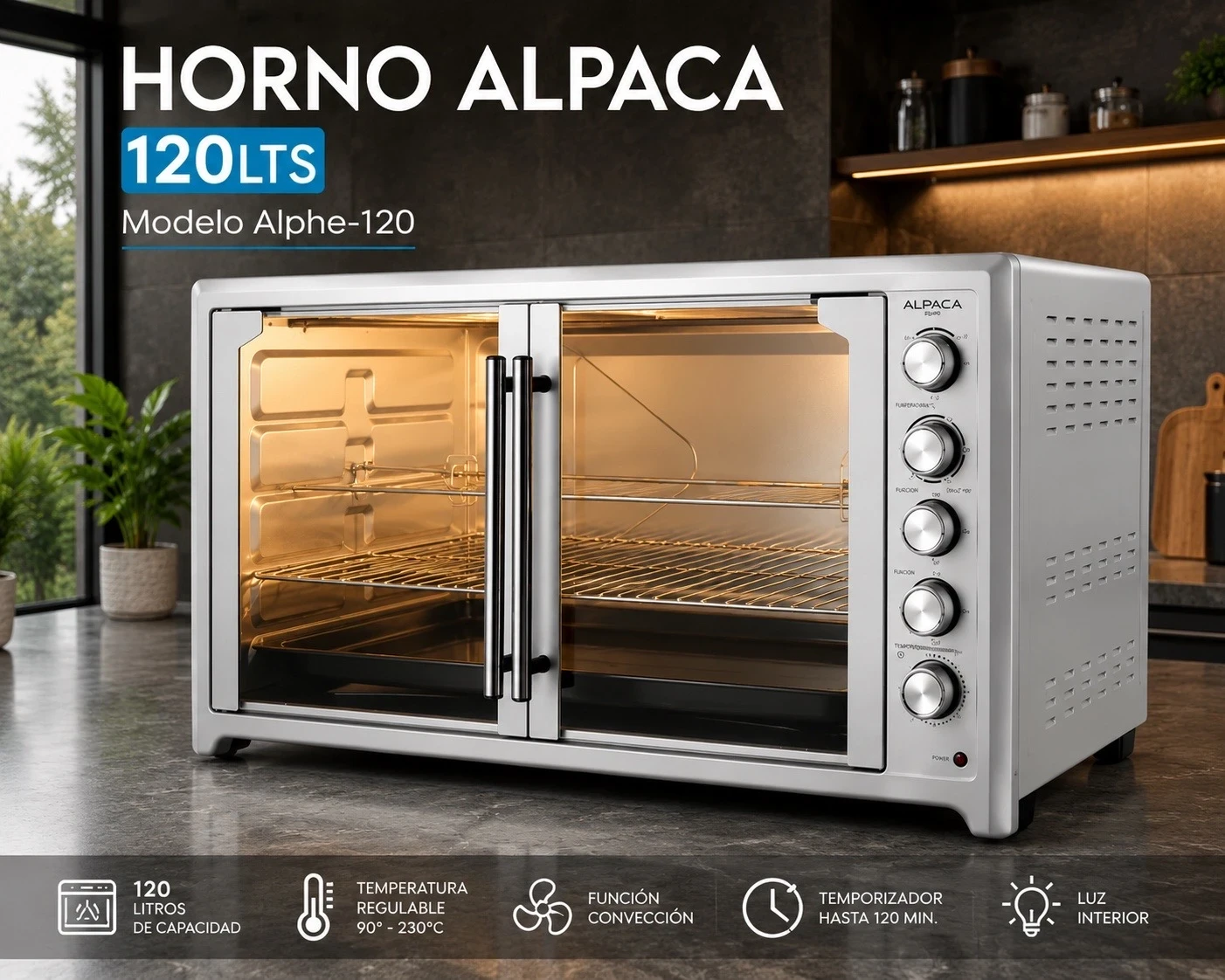 HORNO ELECTRICO INDUSTRIAL ALPACA 120LTS DOBLE PUERTA CON SPIEDO