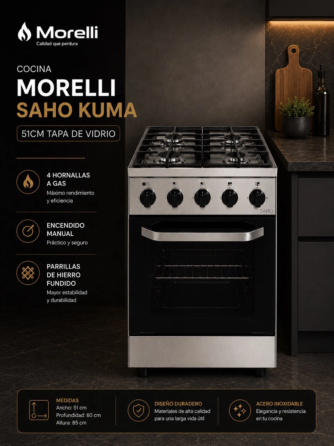 COCINA MORELLI SAHO KUMA 510 C/VISOR ACERO INOX