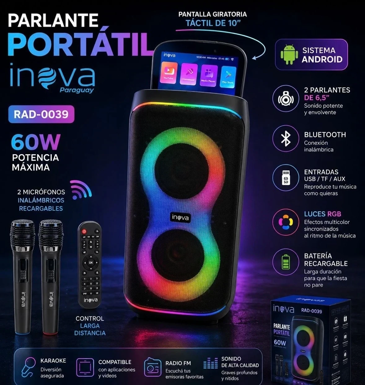 PARLANTE INOVA RAD-0O39 C/PANTALLA,ANDROID,KARAOKE Y CONTROL REMOTO*