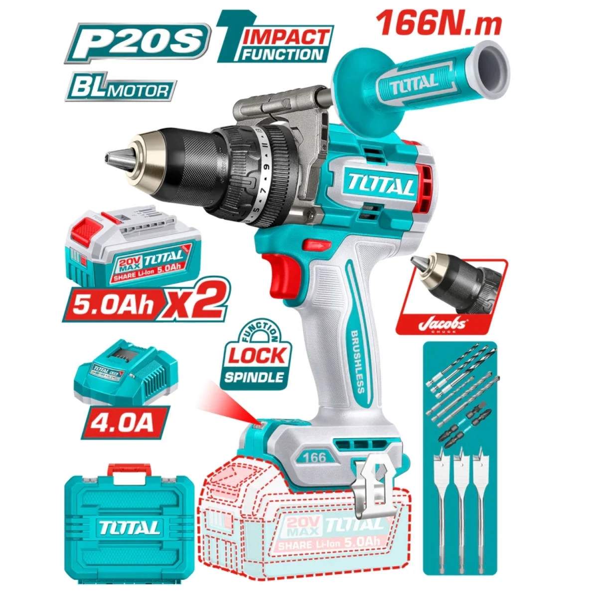 TIDLI201668 Taladro percutor 166nm + 2 baterias 5amp y 1 cargador 20v total