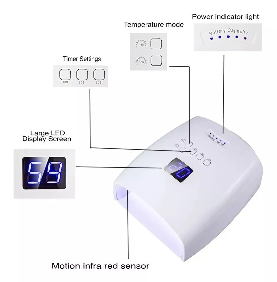 Secador Inalámbrico de Uñas Lampara UV Led 48w  5 tiempos 6