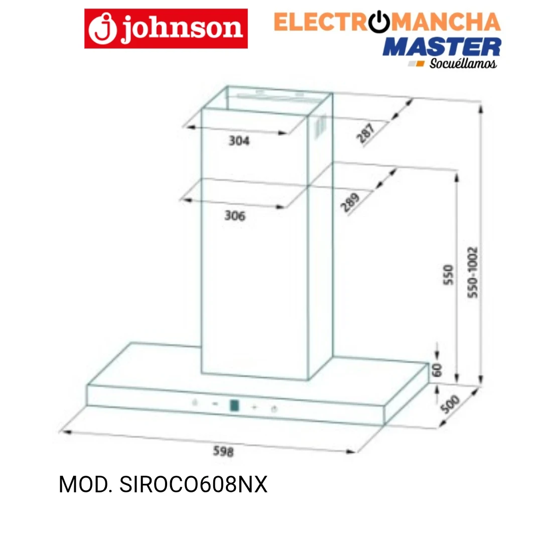 CAMPANA DECORATIVA JOHNSON SIROCO608NX 60 CM. 800 M/3 T INVERTIDA A 2