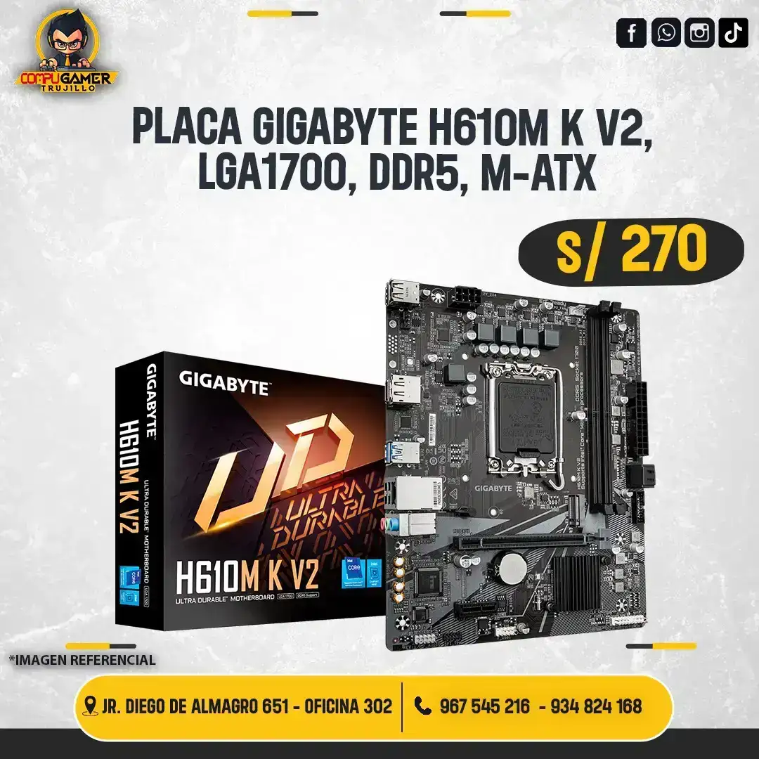 PLACA GIGABYTE H610M K V2, LGA1700, DDR5, M-ATX 