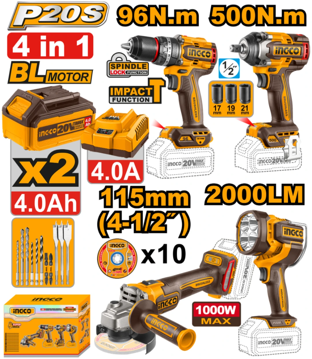 KIT A BATERÍA 20V P20S 4PCS BRUSHLESS MOTOR C/BATERÍAS, CARGADOR Y ACCESORIOS INGCO COSLI241292