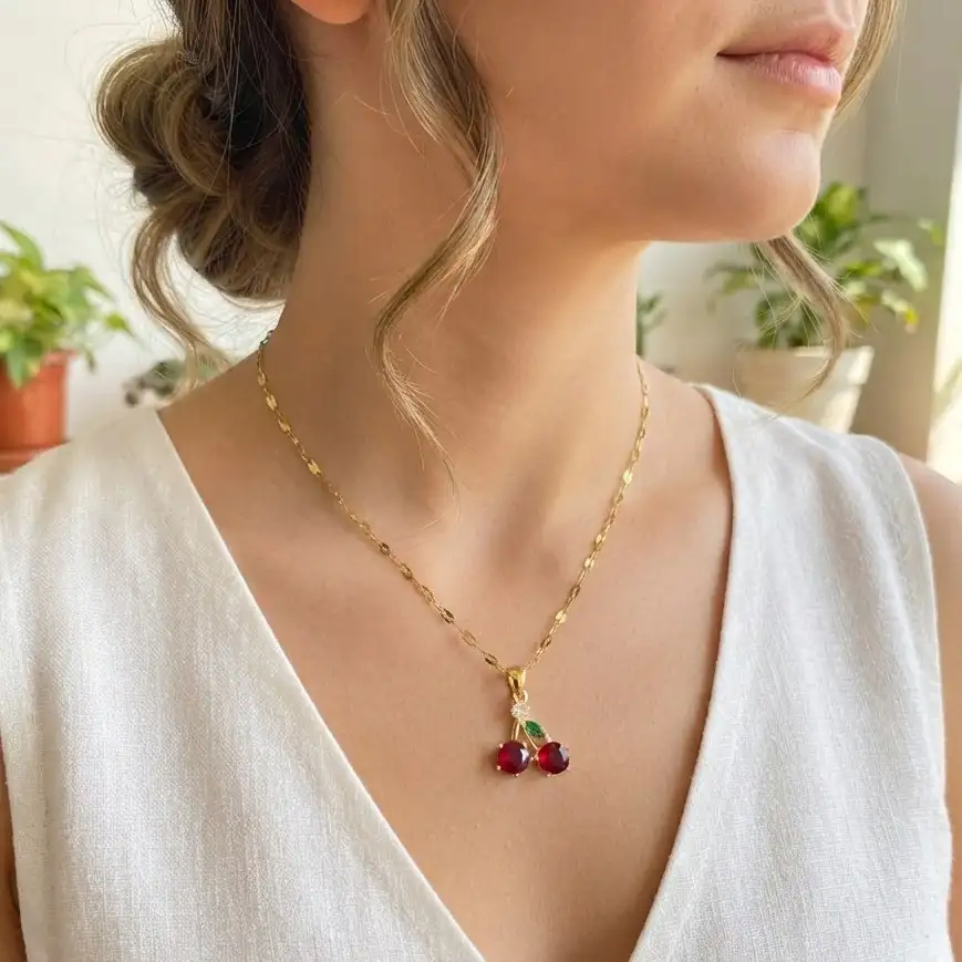 Cadena Y Dije En Acero Con Piedra Circon De Cereza Grande Roja 2