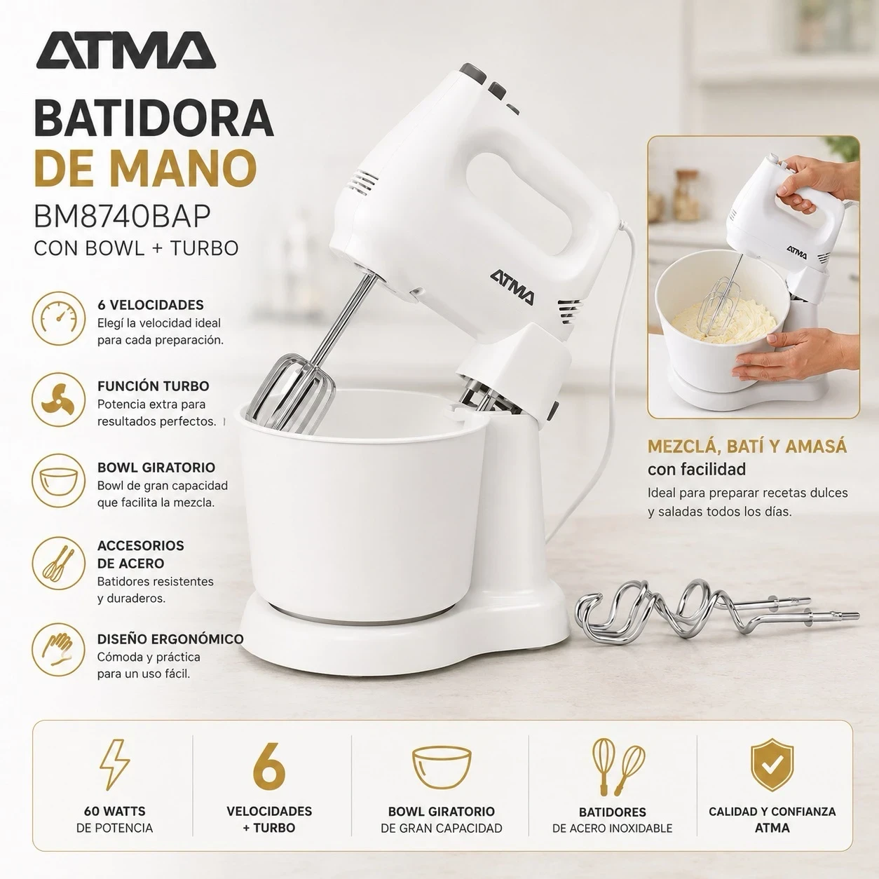 BATIDORA DE MANO ATMA CON BOEL + TURBO BLANCO 60 - ATMA