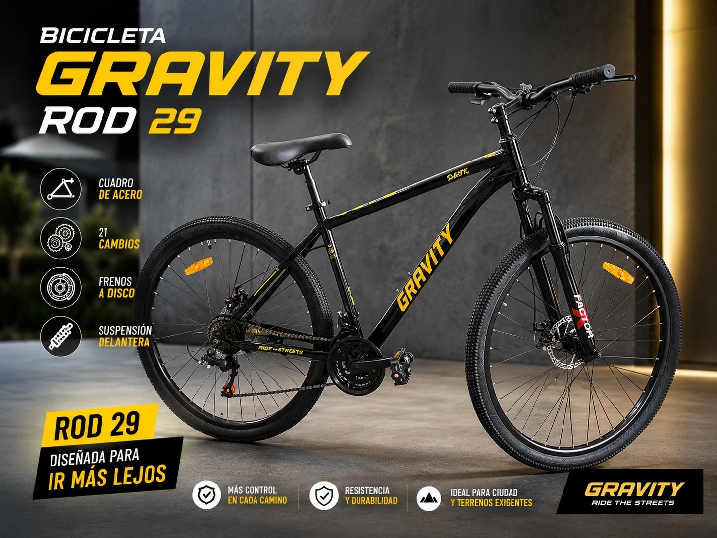 BICICLETA GRAVITI ROD 29 TALLE 18 NEGRO/AMARILLO