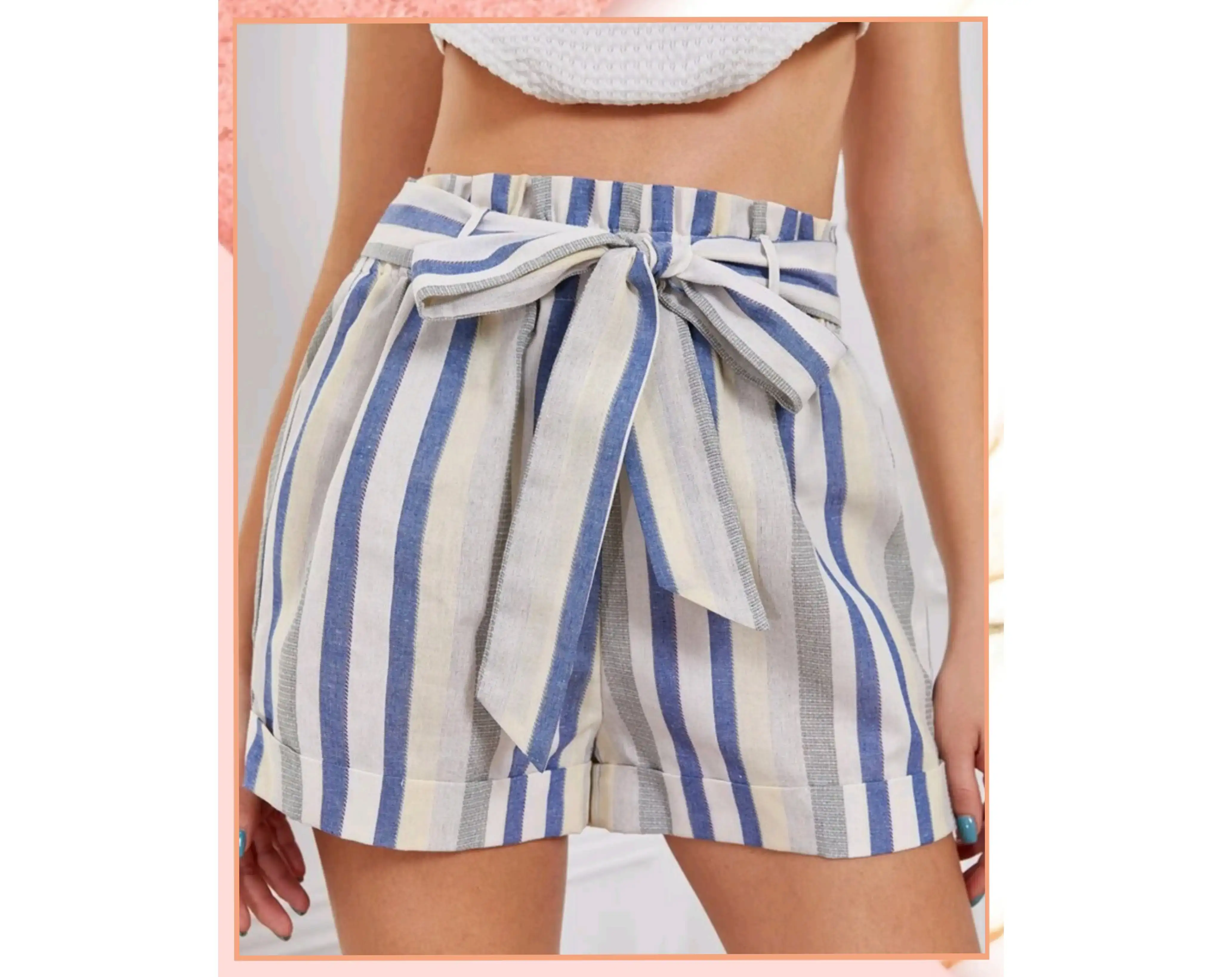 M - Shorts con lazo, rallas azules 