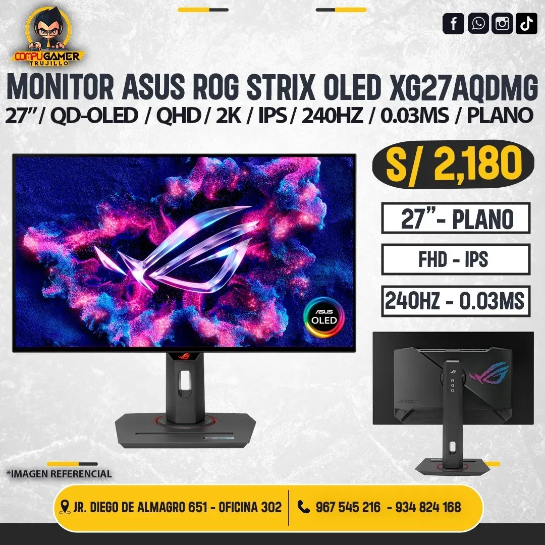 MONITOR ASUS ROG STRIX OLED XG27AQDMG, 27", QD-OLED, QHD, 2K, IPS, 240HZ, 0.03MS, PLANO