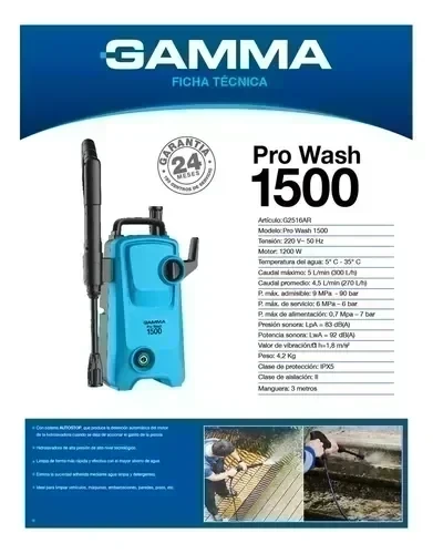 Hidrolavadora Gamma 1500, 1200W Pro Wash  Autostop