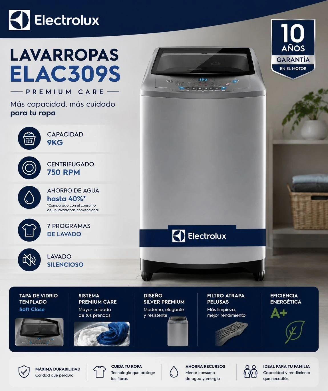 Lavarropas Electrolux 9kg Premium Care ELAC309S