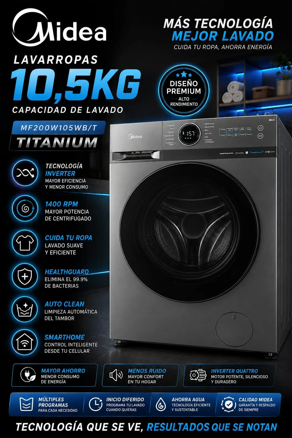 Lavarropas Midea 10.5KG 