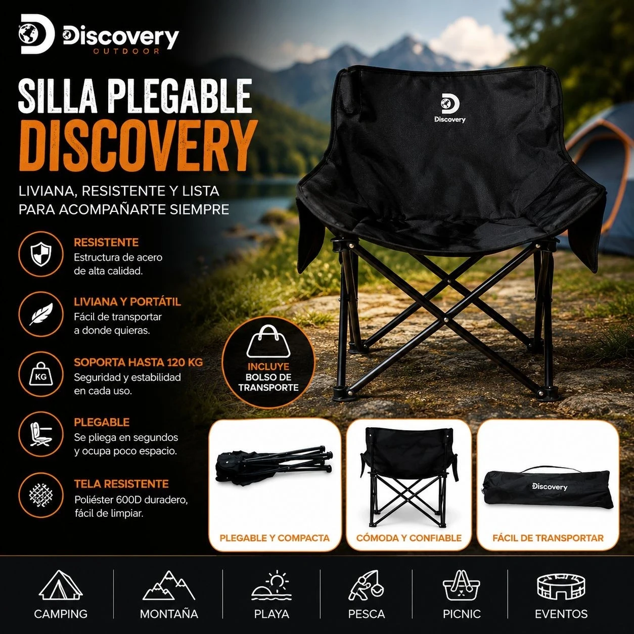 ⛺ *SILLA CAMPING DISCOVERY PLEGABLE 41×60×66