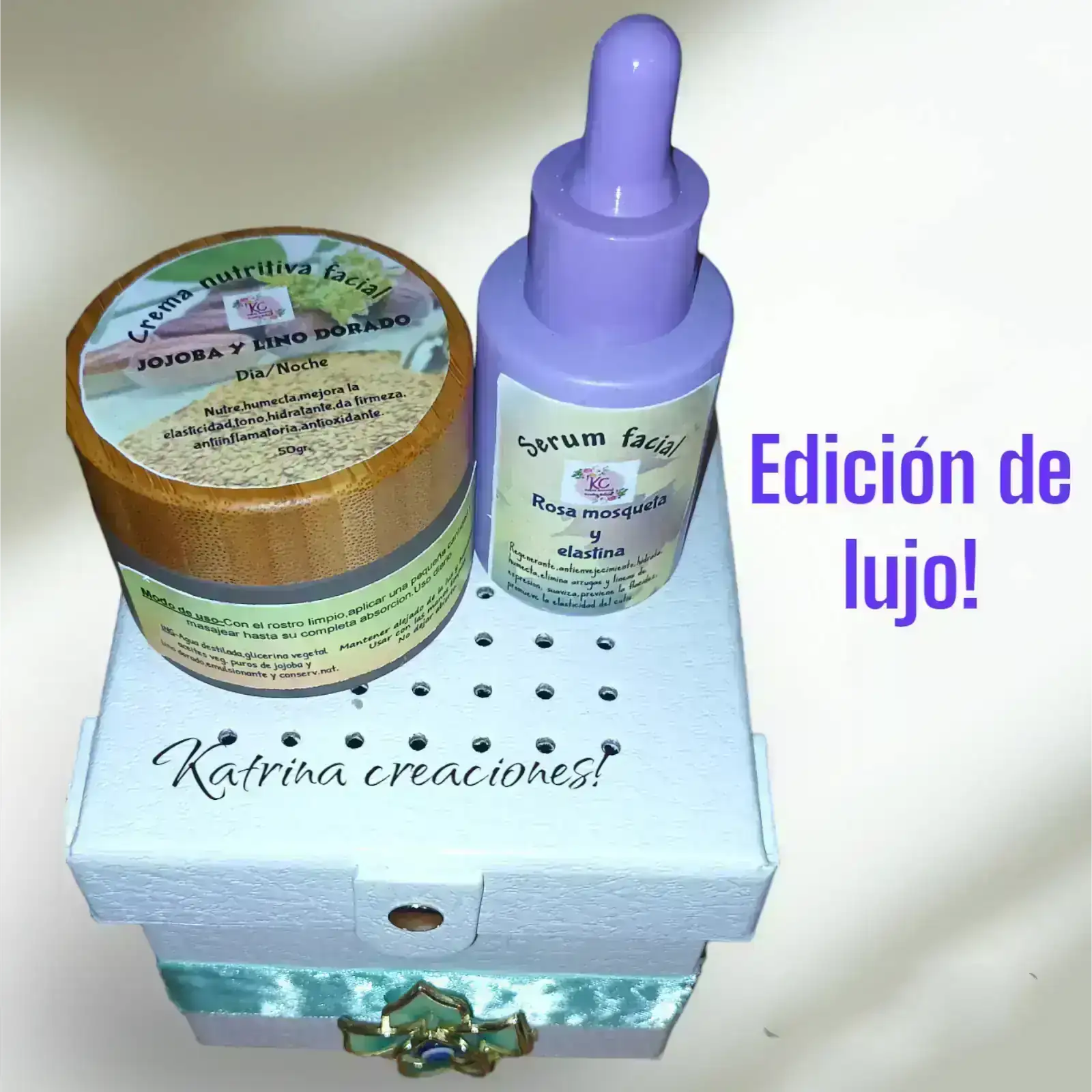 Kit edición de lujo,crema facial lino dorado /jojoba  y sérum. 4