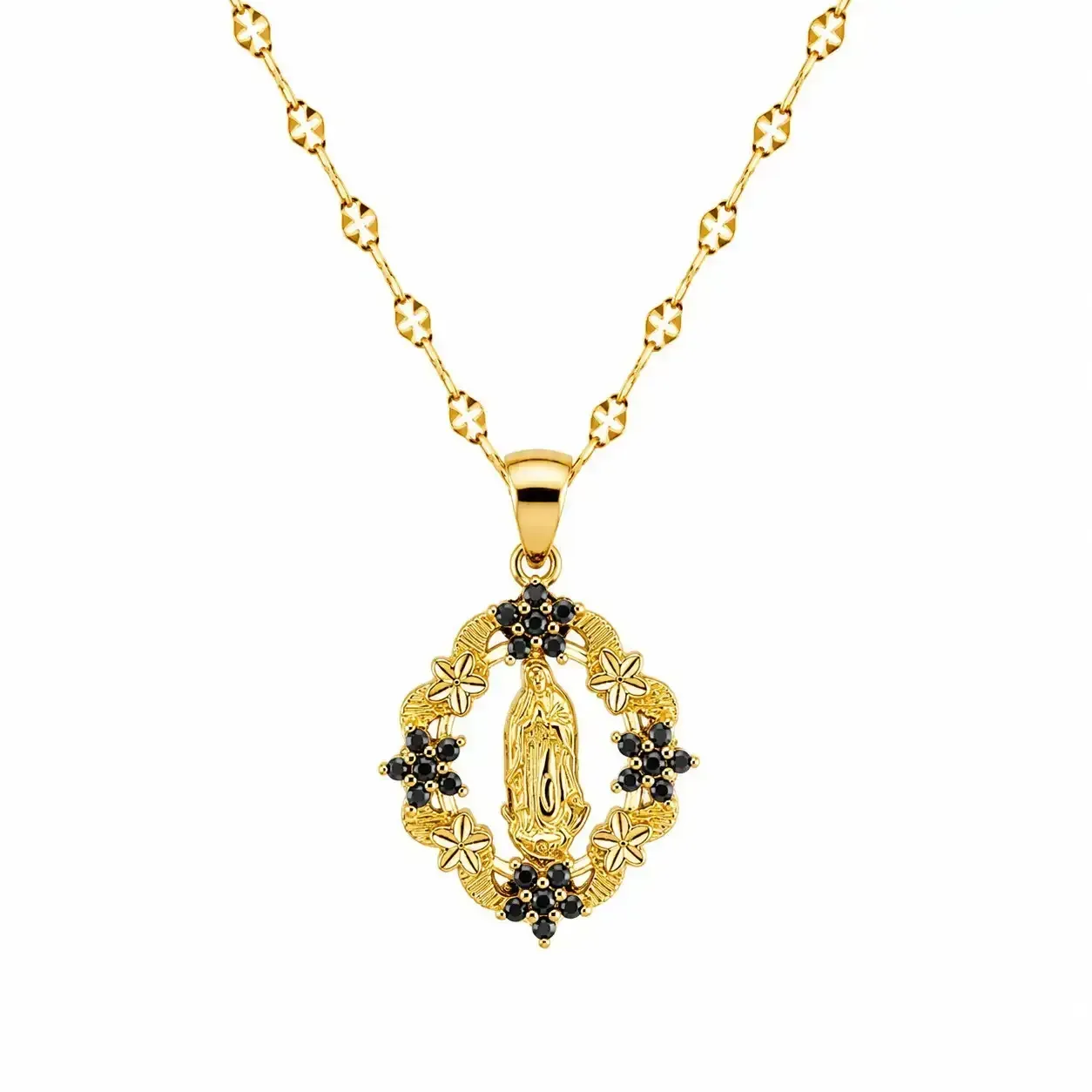 Cadena Y Dije En Acero Con Piedra Circon De Virgen Flores Negras